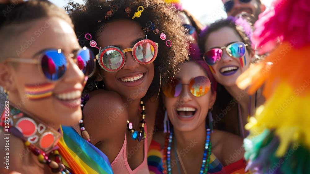 A group of friends smiling and posing together with rainbow-colored accessories to celebrate Pride month. A group of friends smiling and posing together with rainbow-colored accessories to celebrate Pride month.