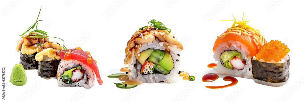 Fototapeta premium set of sushi rolls with various fillings and garnishes, isolated on transparent background