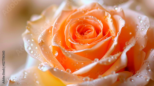 Close-up of a beautiful peach-colored rose flower with delicate petals and dewdrops, showcasing nature's elegance and beauty.