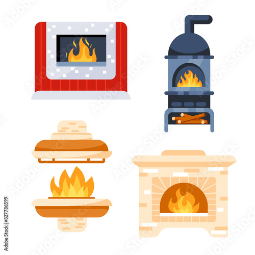 Home fireplace Brick and Metal set. Hearth fireplaces made of bricks. Xmas Decor and Grating.