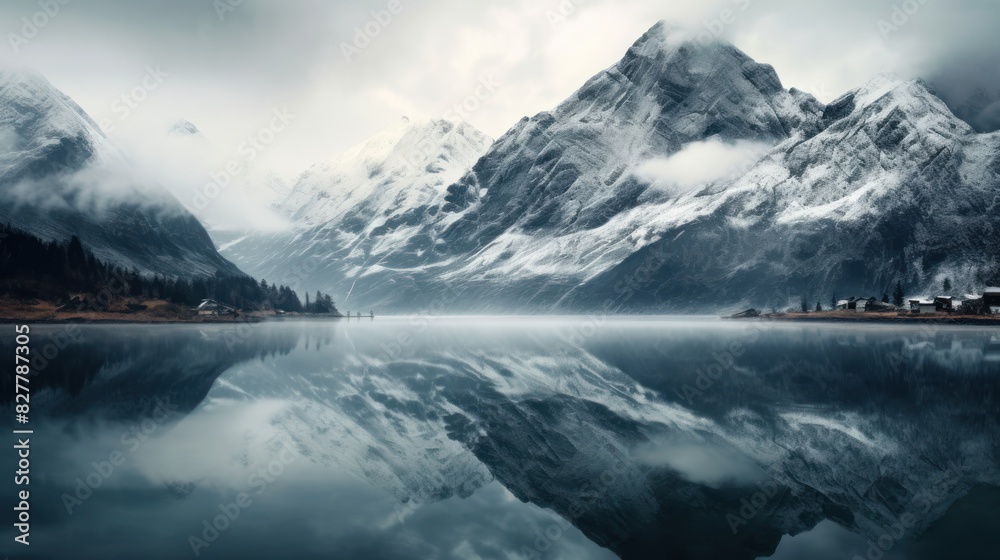 mountain range with snow-capped peaks, 