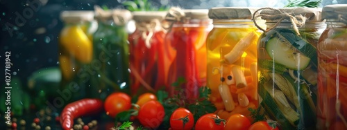 Preserving various vegetables in jars. Selective focus.