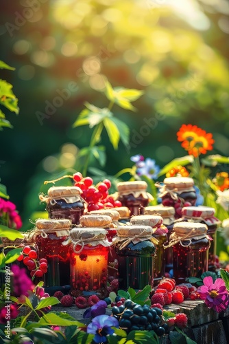 Preserving various jams in jars. Selective focus.