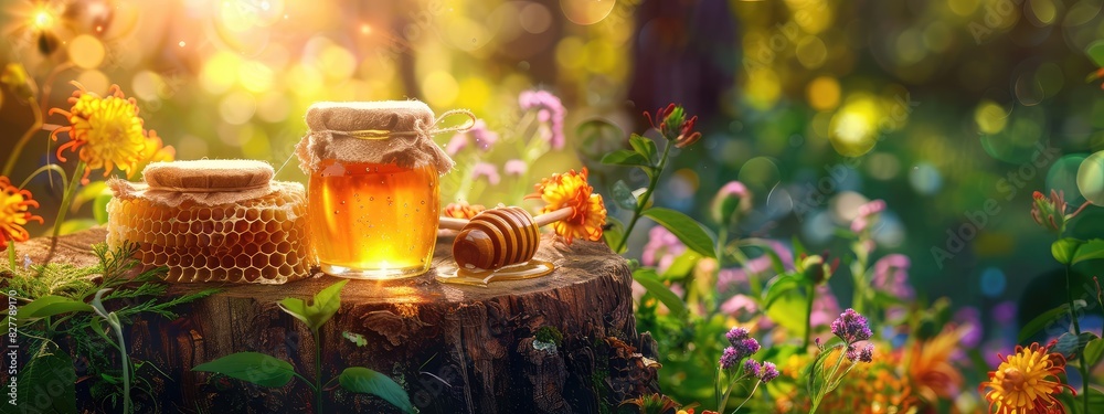 Jar of flower honey in the garden. Selective focus. Jar of flower honey in the garden. Selective focus.