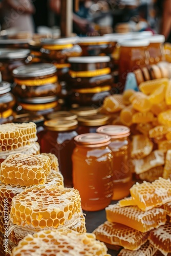 Honey and bee products on the market. Selective focus.