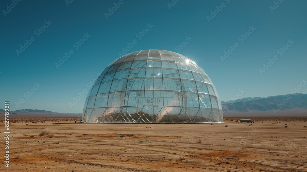 A high-tech agricultural dome surrounded by barren desert, showcasing the struggle to grow crops in a warmer future. A high-tech agricultural dome surrounded by barren desert, showcasing the struggle to grow crops in a warmer future.