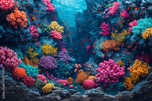 Background underwater coral reef with vibrant colors like coral pink, turquoise, and seafoam green, with intricate coral formations and tropical fish creating a colorful and lively underwater world. © Алина Троева