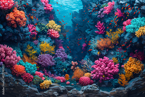 Background underwater coral reef with vibrant colors like coral pink  turquoise  and seafoam green  with intricate coral formations and tropical fish creating a colorful and lively underwater world.