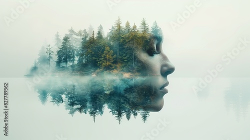 Dubbel exposure of fir forest and woman face.