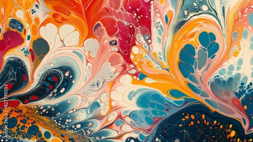 Design a marbling pattern with swirling fluid designs in various colors, creating a sense of movement and depth reminiscent of traditional marbled paper art
