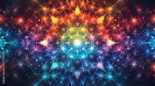Design a star pattern with various sizes of stars arranged in a symmetrical design, using a vibrant color palette to create a dynamic and visually appealing effect  photo