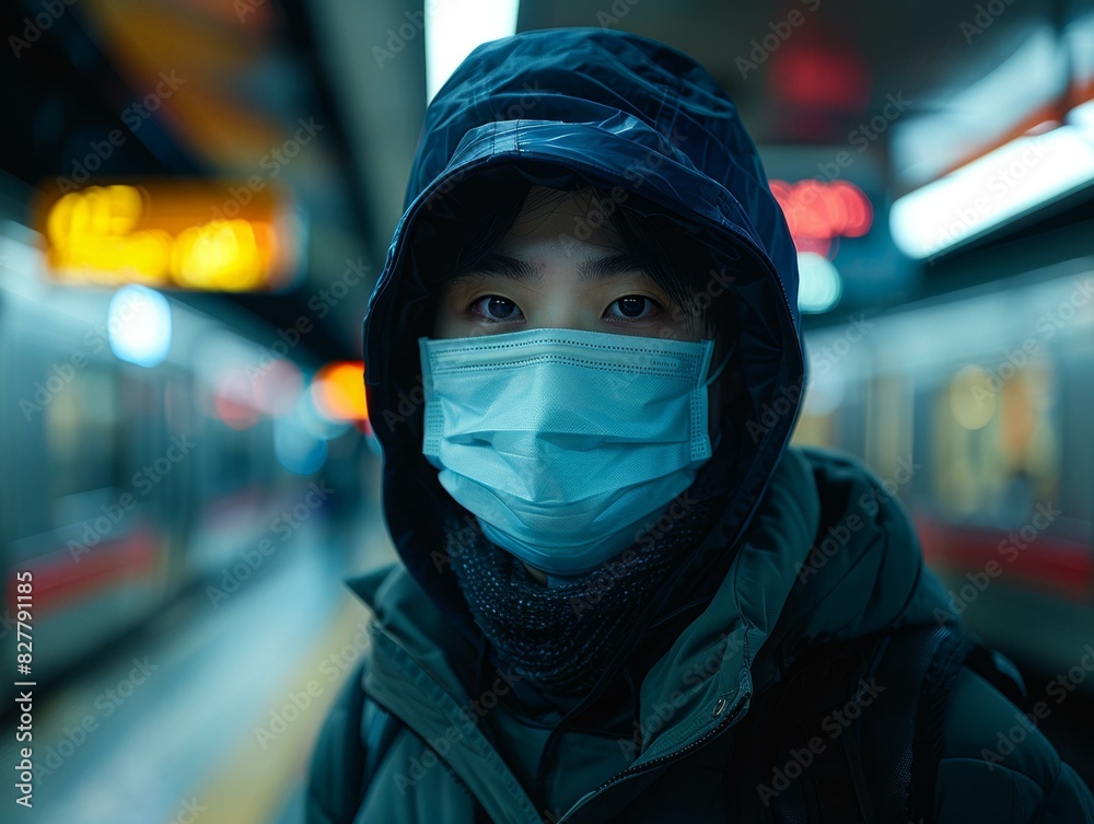 Young Asian Woman Wearing Mask in a Train Station Young Asian Woman Wearing Mask in a Train Station