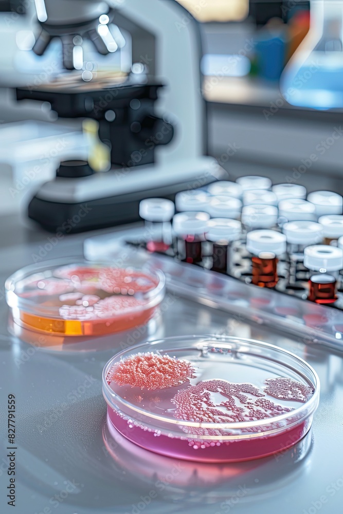 Petri dishes in the laboratory against the background of a microscope. Selective focus. Petri dishes in the laboratory against the background of a microscope. Selective focus.