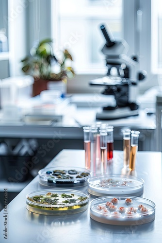 Petri dishes in the laboratory against the background of a microscope. Selective focus.