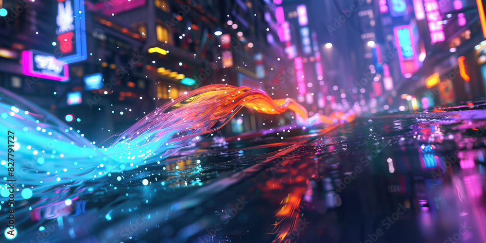Fototapeta premium A techno-organic hybrid, fused with technology and nature, glides through the neon-lit streets of the city, leaving a trail of bioluminescent light in its wake