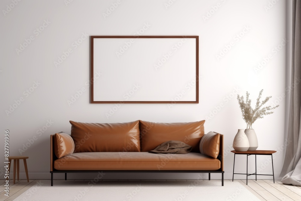 leather sofa and black frame mockup on white wall background. Minimalist home decor with blank picture for artwork or poster in contemporary living room. leather sofa and black frame mockup on white wall background. Minimalist home decor with blank picture for artwork or poster in contemporary living room.