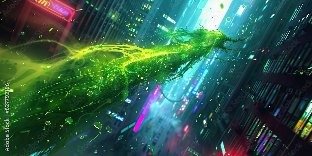 Naklejka premium A techno-organic hybrid, fused with technology and nature, glides through the neon-lit streets of the city, leaving a trail of bioluminescent light in its wake