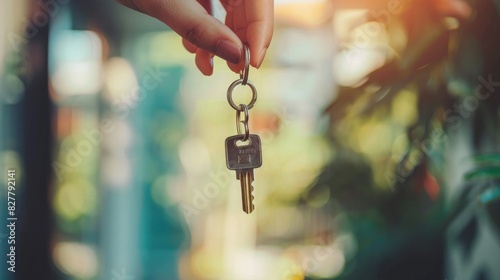 hand holding house key with blurred real estate background © Khalif