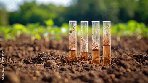 Test tubes with soil samples in nature. Selective focus. photo