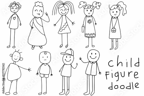 Funny children drawings - set of stick figures in different poses. Material for slide shows, presentations and all sorts of prints. Simple hand drawn doodles in black and white.