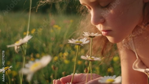 Close up portrait of charming little girl kid in summer meadow enjoys smell white chamomiles, laughing and smiling. Happy adorable child plays with flowers outdoors during sunset. Childhood concept