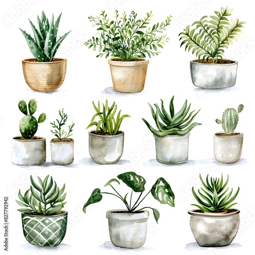 Watercolor Collection of Potted Succulent Plants - Hand-Painted Botanical Illustration