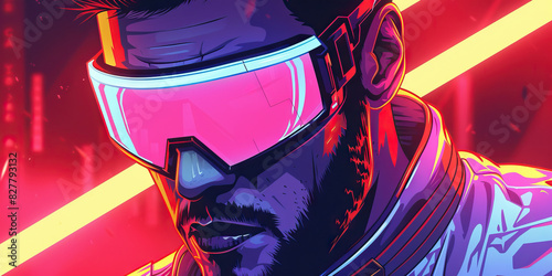 The synthwave blares as a cyberpunk protagonist, adorned in mirrored shades and neon-lit armor, prowls the grittier parts of the city, seeking their next high-stakes adventure photo