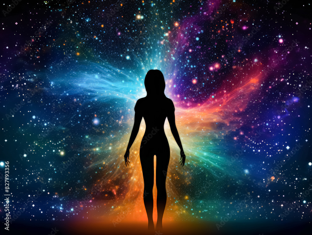 Naklejka premium A woman is standing in a colorful galaxy. The galaxy is full of stars and has a vibrant, otherworldly feel to it. The woman is looking up at the stars