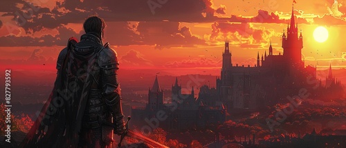 Illustration of a knight in armor, backlit by the setting sun, with a fantasy castle in the background, dramatic lighting, Fantasy, Digital Art 8K , high-resolution, ultra HD,up32K HD photo