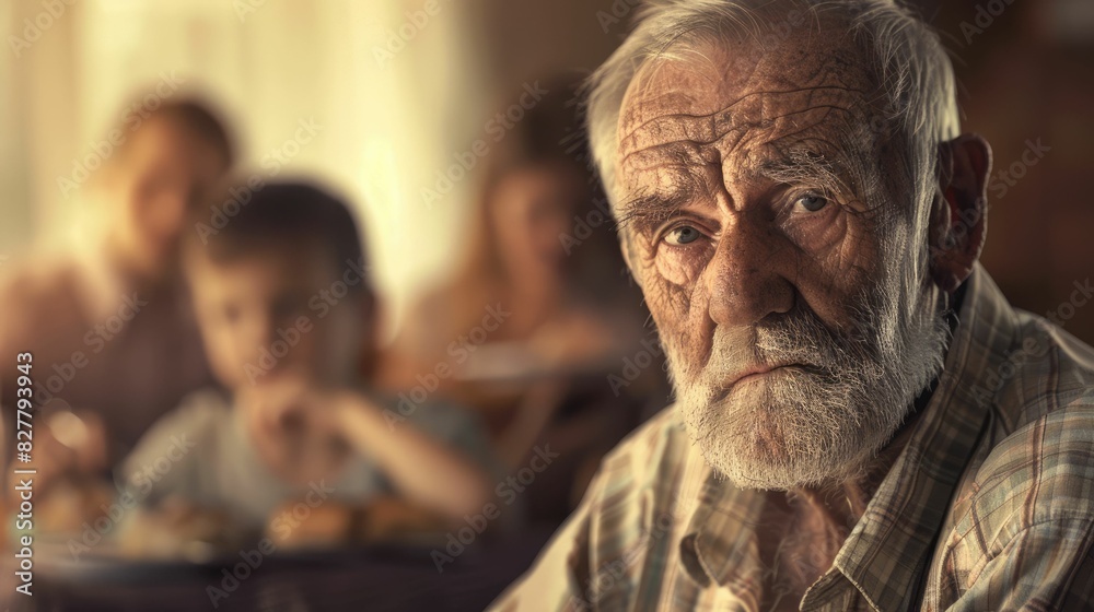 The close up picture of the family is eating the dinner together with enjoyment and happiness, the close up portrait of the grandfather eating the dinner with children and family by warm light. AIG43.