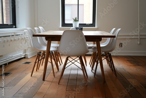 Dining Area with Wooden Table and White Chairs Wooden table, white chairs, and minimal decor. Clean and modern design.