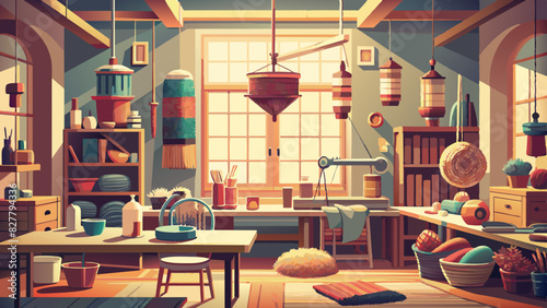 Cozy Artist's Workshop with Vibrant Textiles and Rustic Decor