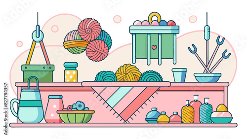 Vibrant Kitchen Shelf with Colorful Utensils and Yarn