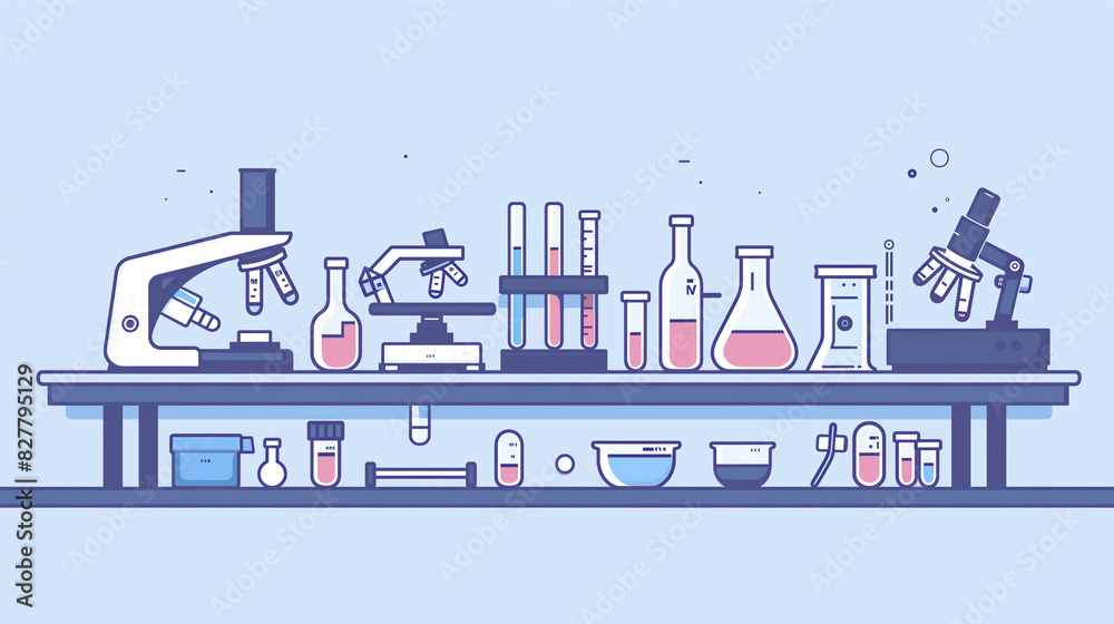 Obraz premium Physics lab tools on table, flat vector style, blue tones, clear and professional design
