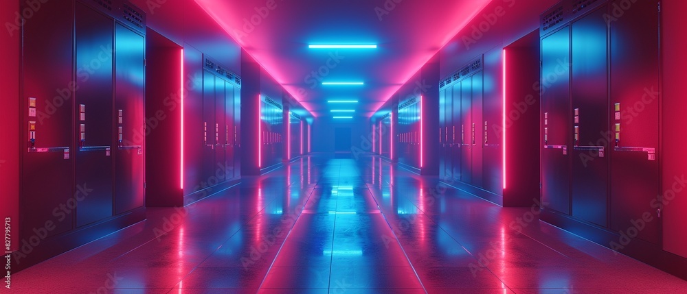 Illustration of a hightech school corridor with sleek, automated lockers and ambient lighting, emphasizing modernity and innovation, AI, Digital Art 8K , high-resolution, ultra HD,up32K HD Illustration of a hightech school corridor with sleek, automated lockers and ambient lighting, emphasizing modernity and innovation, AI, Digital Art 8K , high-resolution, ultra HD,up32K HD