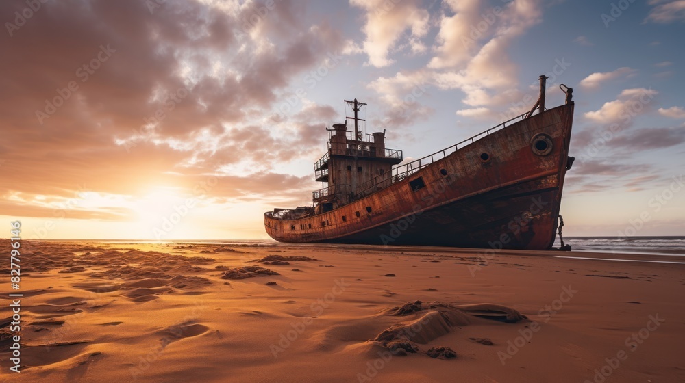 rusty, abandoned cargo ship stranded on a deserted beach 