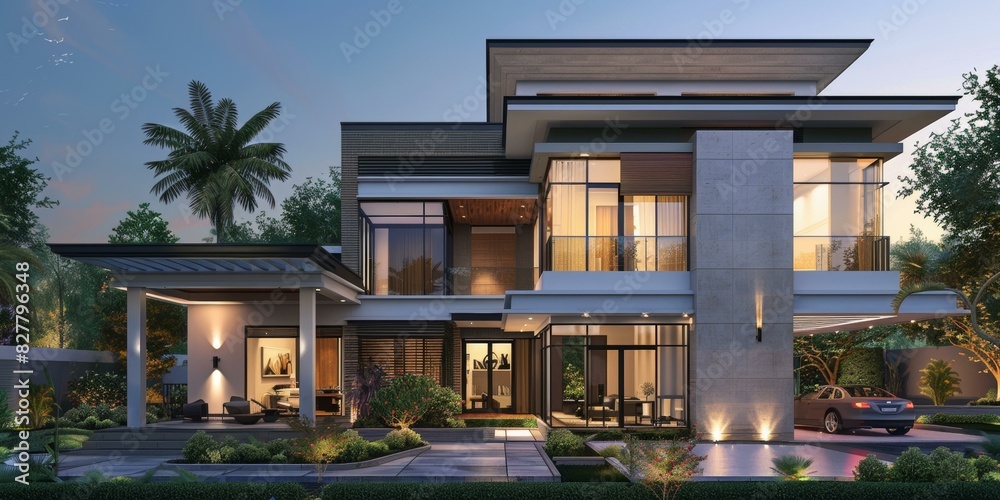 Fototapeta premium Luxury Modern Villa with Palm Trees and Pool