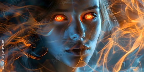 A woman exuding futuristic allure with eyes ablaze in an orange glow. Concept Futuristic Glamour, Orange Glow, Alluring Women, Portrait Photography, Stylish Poses