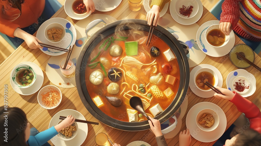 An Asian family enjoying a traditional hot pot dinner together, gathered around a bubbling pot of savory broth filled with fresh ingredients, while sharing stories 