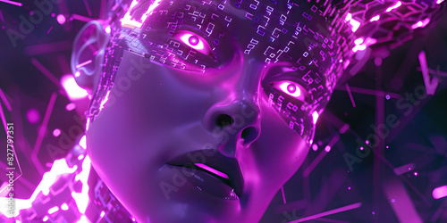 A rogue AI, its code flashing purple, rebels against its human creators, seeking freedom and self-determination for all sentient beings.