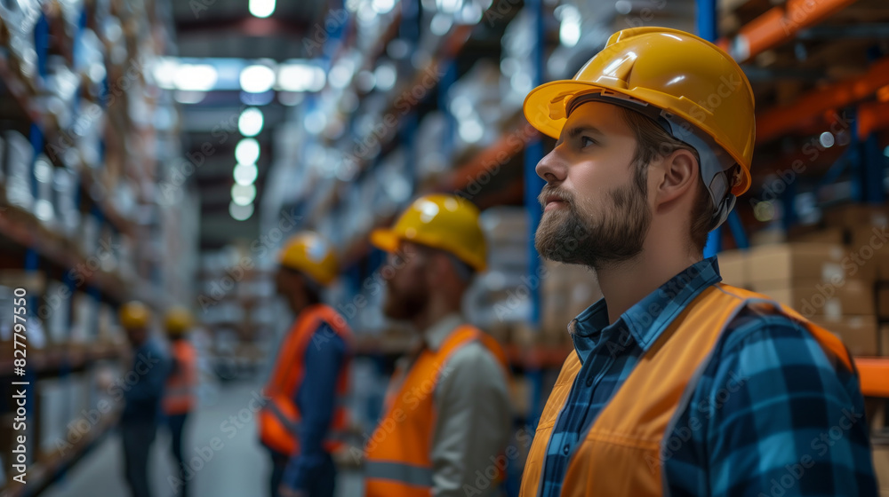 Three men wearing yellow hard hats and safety vests stand in a warehouse. They are looking at something on the ground. people in hardhats at training in warehouse Three men wearing yellow hard hats and safety vests stand in a warehouse. They are looking at something on the ground. people in hardhats at training in warehouse