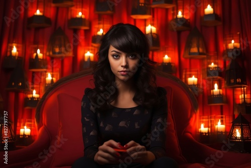 A woman sitting on a red couch with candles behind her.