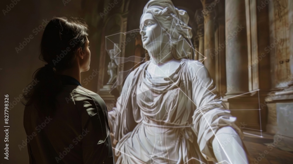 A sculpture of a famous historical figure is brought to life through augmented reality allowing viewers to see them in full motion and vivid color. A sculpture of a famous historical figure is brought to life through augmented reality allowing viewers to see them in full motion and vivid color.