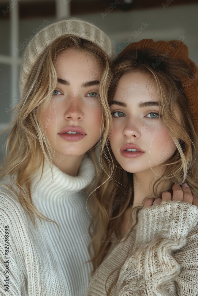 Fototapeta premium Two women wearing sweaters and hats posing for a photo.