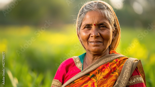 elderly Indian woman in traditional attire, smiling at the camera with green farmland behind her. rural farming serene environment 