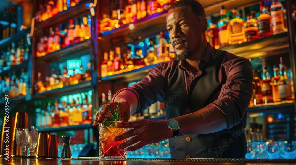 The picture of the professional mixologist is working in the bar inside nightclub by mixing the cocktail or alcohol, mixologist require experience, technique, management and customer service. AIG43.