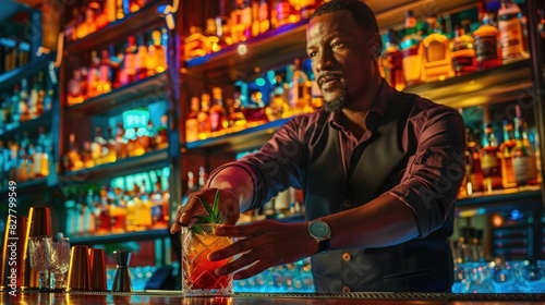 The picture of the professional mixologist is working in the bar inside nightclub by mixing the cocktail or alcohol, mixologist require experience, technique, management and customer service. AIG43.