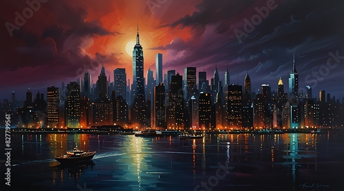 painting of a cityscape at sunset in blue and orange hues.