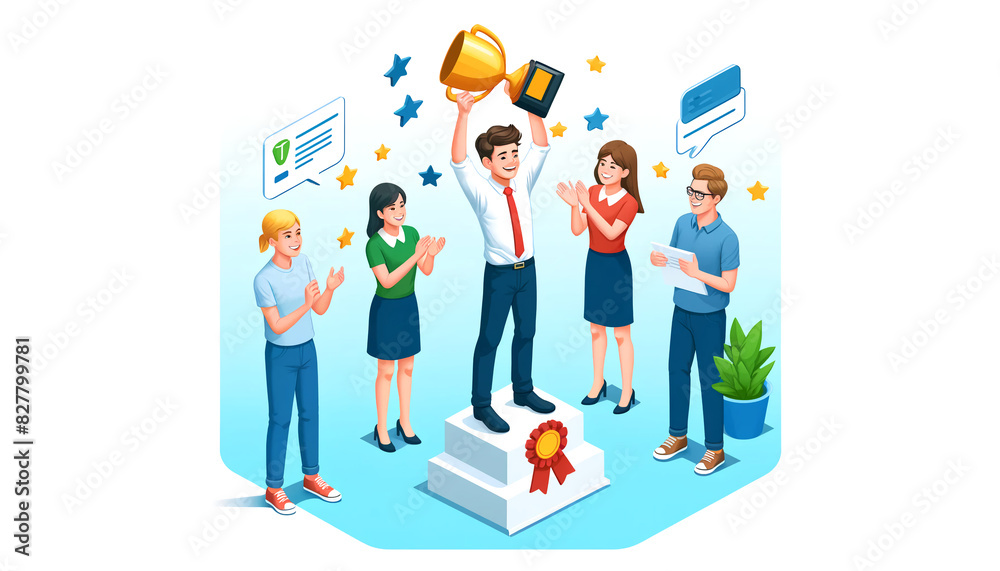 Isometric illustration of a student winning a school project award Isometric illustration of a student winning a school project award