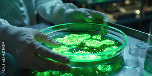 A geneticist alters the course of history, their petri dish filled with glowing green bioluminescent bacteria, as they create a virus that could save the world © Lila Patel